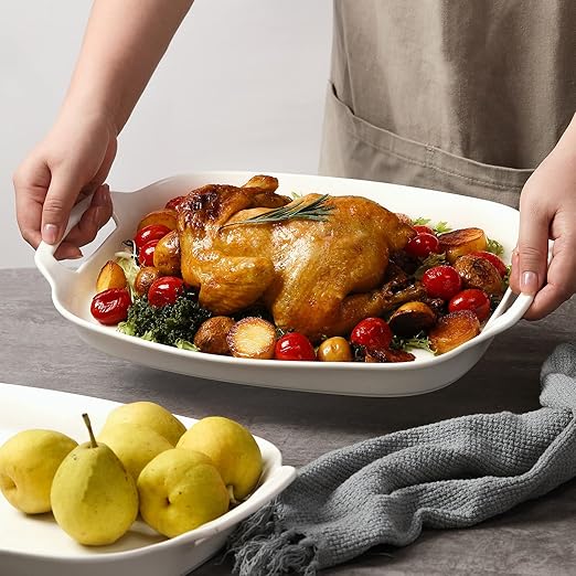DOWAN Serving Tray with Handles, 15.4" Large Platters for Wedding Decor, Porcelain Serving Dish for Entertaining, White Plates for Salad Meat Fruit Dessert, Set of 2