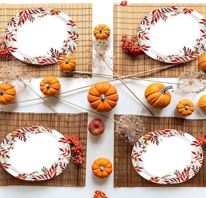 Grencian 50Pcs Fall Oval Paper Plates 10" x 12" Large Disposable Heavy Duty Fall Maple Leaves Paper Plates Autumn Leaves Seasonal Party Decorations for Thanksgiving Holiday Party Supplies