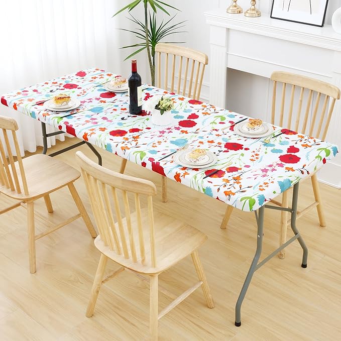 Smiry Rectangle Table Cloth Cover, Waterproof Elastic Fitted Picnic Tablecloth for 6 Foot Tables, Wipeable Flannel Backed Vinyl Tablecloths for Camping, Dining, Outdoor (Off White, 30" x 72")