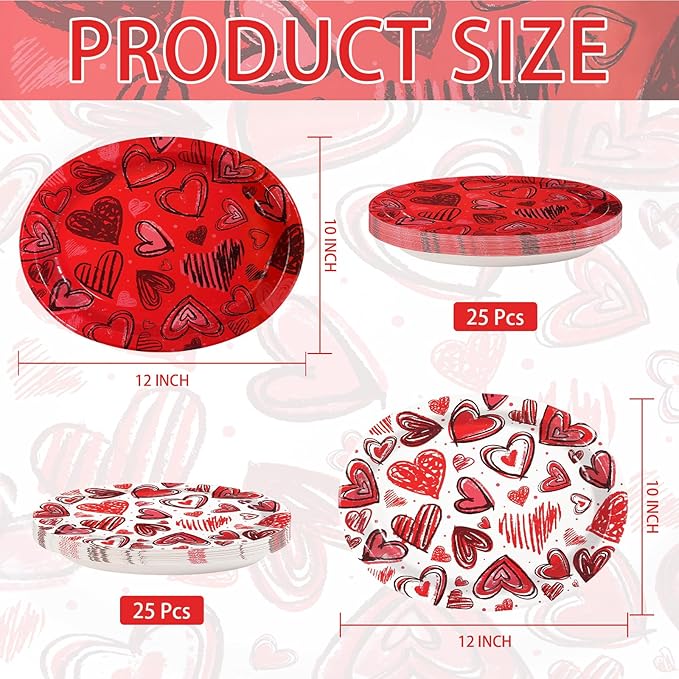 50Pcs Valentine’s Day Oval Paper Plates 10" x 12" Large Heavy Duty Watercolor Red Heart Disposable Plates Valentines Dessert Platters for Anniversary Wedding Birthday Party Supplies Decor