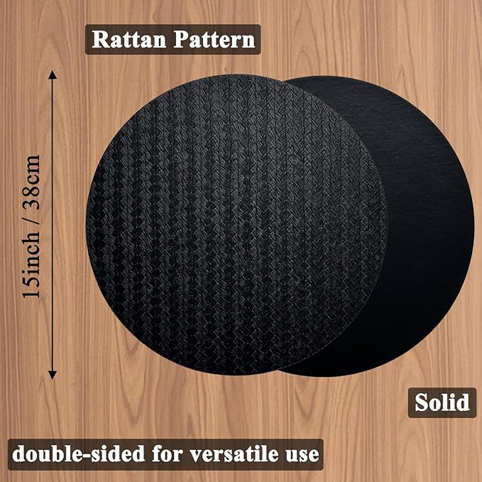 PIGCHCY Round 15" Water-Resistant Placemats Set of 6, Premium Faux Leather Placemats PVC Easy Clean Table Mats for Hotels Outdoor Dining, Wedding Decor (Black)