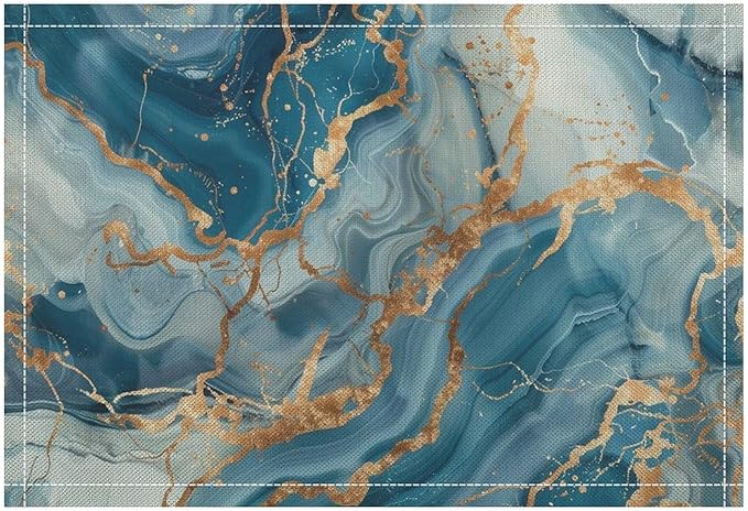 Marble Linen Placemats Set of 4, Modern Abstract Foil Stone Texture Gold Blue Marble Washable Place Mats, Non Slip Placemat for Home Party Dining Tables Wedding Kitchen Banquets Decor 12x17 Inch