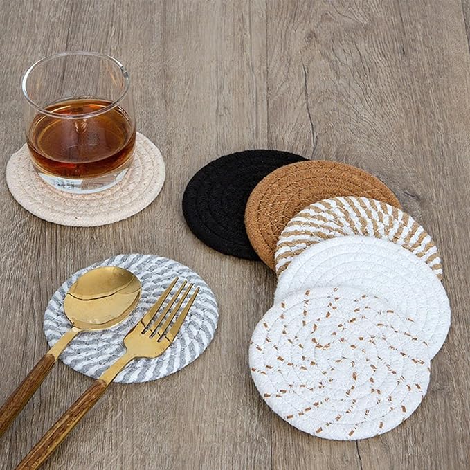 8 Pcs Drink Coasters with Holder, Handwoven Cotton Coasters Set Stackable Absorbent Minimalist Home Decor for Table, Cup, Mug (Kaki)