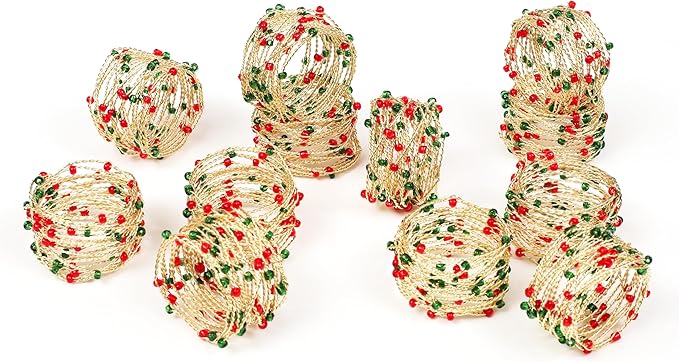 Gold Red Green Beaded Napkin Ring Set of 12 - Beautiful Elegant Decorative Napkin Holder for Christmas/Dinner Table Decoration/Farmhouse/Wedding/Party/Family Gathering/New Year & Everyday Use