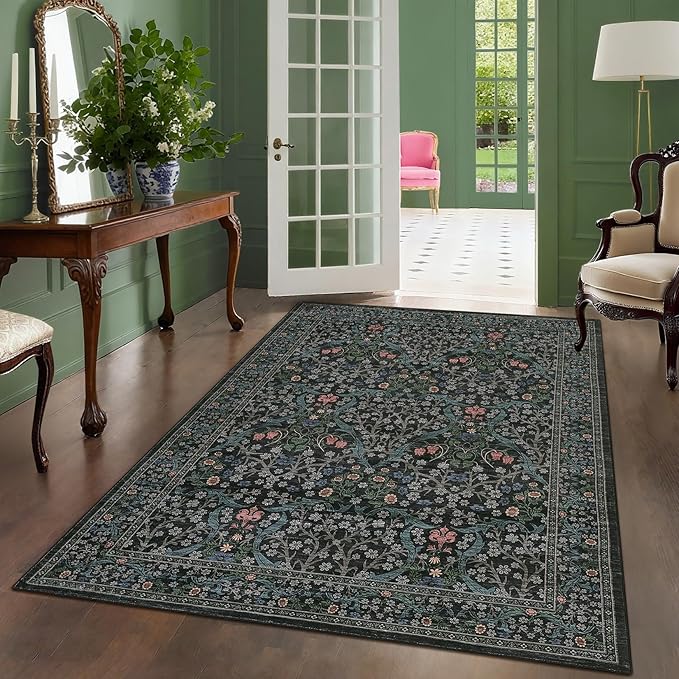 GarveeHome Floral Area Rugs 5x7, Washable Rug for Living Room, Bedroom, Low Pile Non Slip Stain Resistance Indoor Boho Carpet Mat for Farmhouse, Dining Room, Office,Dark Black