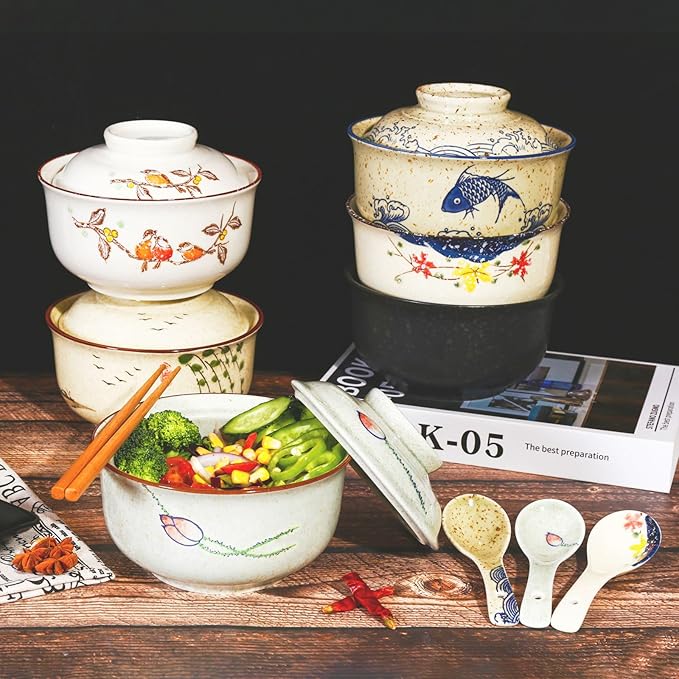 Ceramic Ramen Bowl Set, 800ml, with Lid, Spoon and Chopsticks, Japanese Vintage Large Soup Bowls Instant Noodle Bowl Asian Tableware (Color*1)