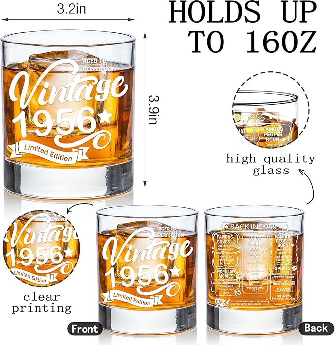 Old Fashioned Glasses-1956-Vintage 1956 old time information 10.25oz Whiskey Rocks Glass -70th Birthday Aged to Perfection - 70 years old gifts Bourbon Scotch Lowball Old Fashioned-1PACK