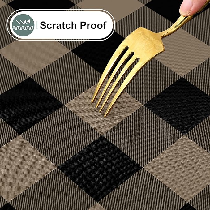 misaya Rectangle Waterproof Vinyl Table Cloth, Buffalo Flannel Backed Tablecloth, Wipeable Plastic Table Cover for Dinner, Kitchen, Outdoor (60" x 84", Black and Khaki)
