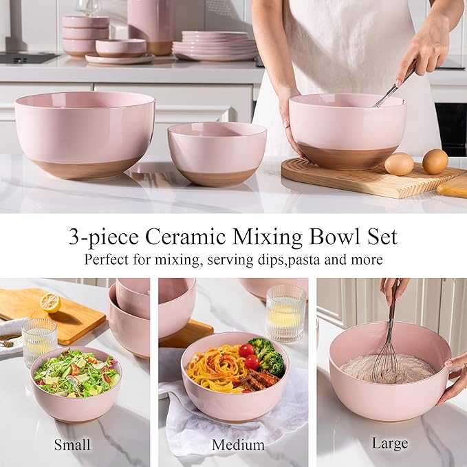 AmorArc Ceramic Mixing Bowls|Nesting Bowls Set of 3 for Kitchen|Stoneware Serving Bowls with Rustic Terracotta Underside for Mixing,Cooking,Baking,Salad| Microwave & Dishwasher Safe 4.6/2.8/1.3 Qt
