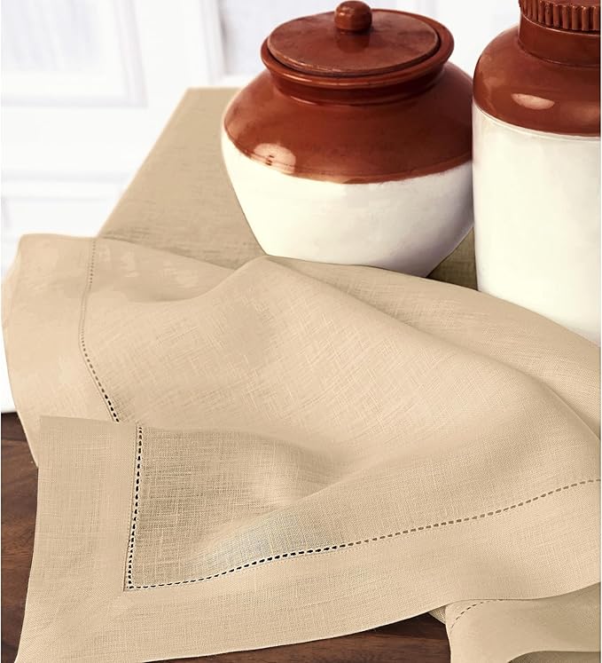 Solino Home Linen Napkins Set of 4 - Classic Hemstitch 100% Pure Linen Beige Dinner Napkins Cloth 20 x 20 Inch for Spring, Easter - Handcrafted and Machine Washable