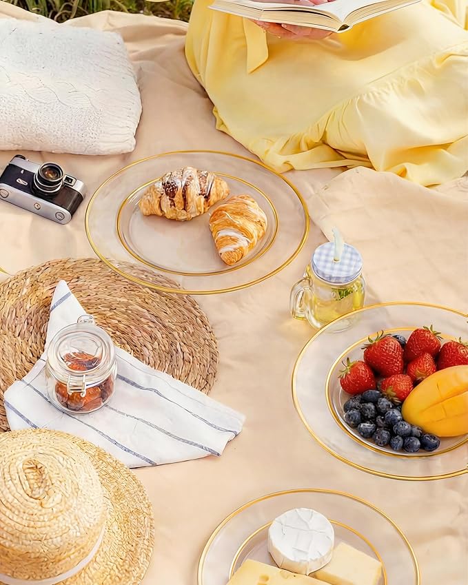 Quatish 120 Pcs Gold Rim Disposable Plastic Plates for Party,Wedding Plate Includes 60 Pes 10.25 Inch 60 Pes 7.5 Inch Heavy Duty Dinner & Dessert Plates, Perfect for Festivals,Picnics,in Clear