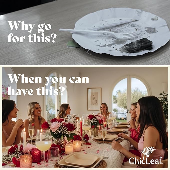 Chic Leaf Round Palm Leaf Plates - 10-Inch & 7-Inch, Pack of 48 - Compostable Disposable Bamboo Plates for Parties, Winter Cozy Dinner, Wedding & Valentine's day Romantic Candlelit Home Dining