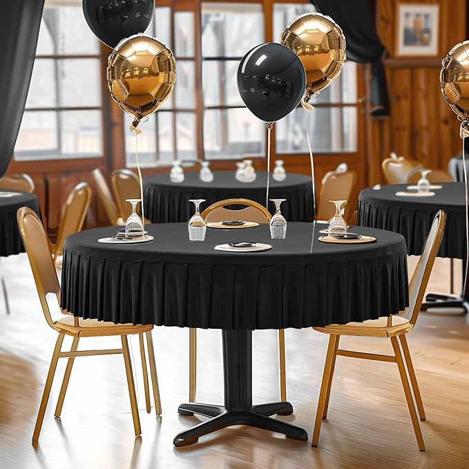 Wish Care 4 Pack Black Spandex Round Tablecloths, 72in, Wrinkle Free, Stretchy Fitted, 6FT Round Table Cloths with Skirt for Wedding, Birthday Party, Banquet