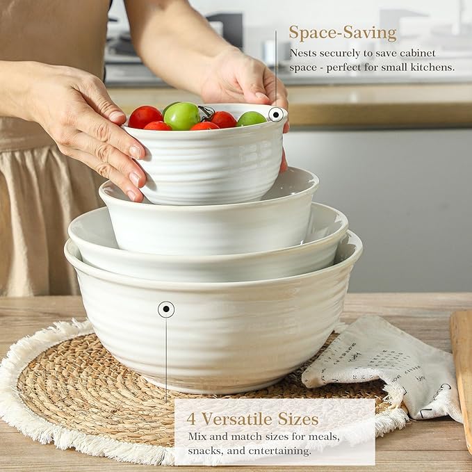 Hasense Porcelain Mixing Bowls, 2.8/2.1/1.0/0.5 Qt, Handmade Large Salad Serving Bowls for Kitchen, Deep Nesting Dishes for Cooking and Baking, Microwave Dishwasher Safe, Clay-Infused White