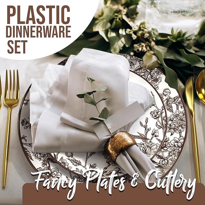Trendables Fancy Plastic Dinnerware Sets 100 Pc Set 20 Guests Gold Silverware Disposable 20 X 10 Inch Charger Plates 20 X 8 Inch Dessert Plates 20 x Gold Plastic Forks and Spoons Knives In Rustik