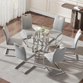 47.2" Round Glass Dining Table Set for 6, Modern 7 Piece Kitchen Table Set with Silver Stainless Steel Base & 6 PU Leather Accent Chairs, Saving Space, Dining Set for Apartment, Home - Grey Chair
