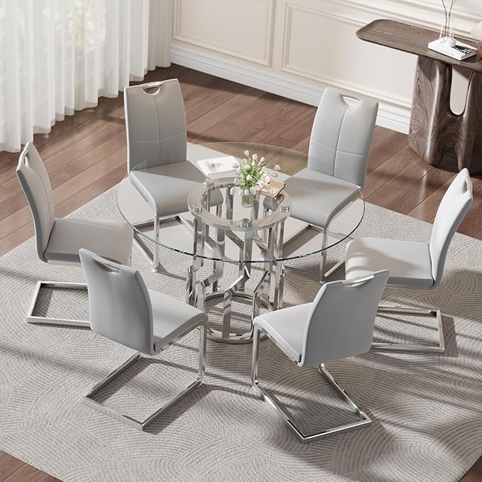 47.2" Round Glass Dining Table Set for 6, Modern 7 Piece Kitchen Table Set with Silver Stainless Steel Base & 6 PU Leather Accent Chairs, Saving Space, Dining Set for Apartment, Home - Grey Chair