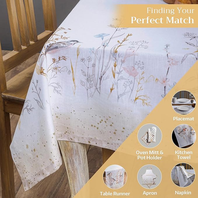 Maison d' Hermine Table Cloth Square Table 100% Cotton 54 x 54 Inches Tablecloth Reusable Decorative for Dining Room Farmhouse Home Valentines Day Decorations Spring Summer - Meadow Florals - Beige