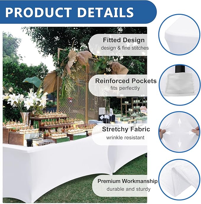 Table Cover for 6 foot Rectangle Tables-6 Pack White Fitted Stretch Tablecloth-Elastic Spandex 6ft Folding Tablecloths for Party, Vendor Booth Display, Banquet Buffet Event, Craft Trade Show