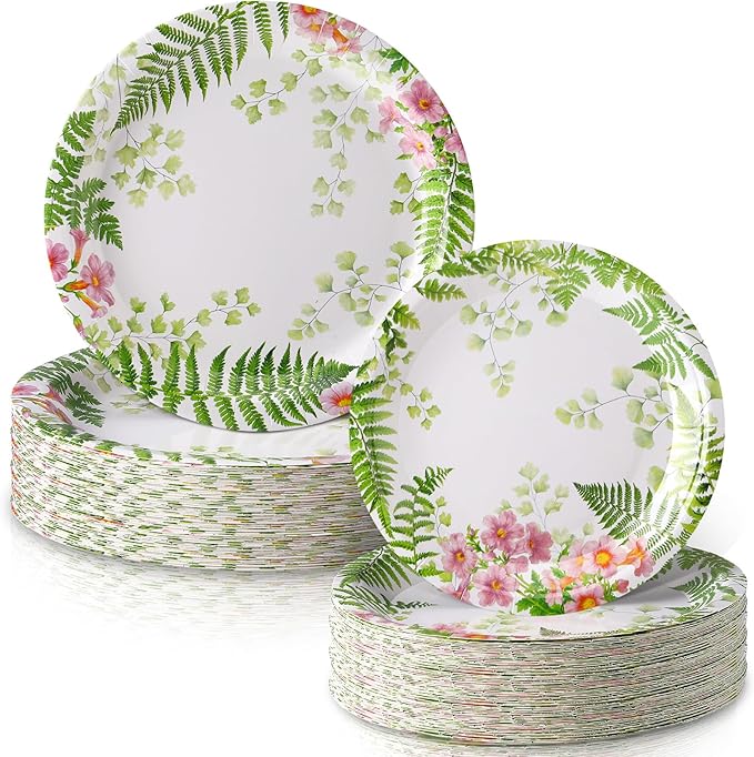 48 Pcs Fern Garden Plates Set Include 9 Inch and 7 Inch Spring Watercolor Disposable Plates Summer Decorative Dinner Birthday Party Tableware for Baby Shower Party Supplies