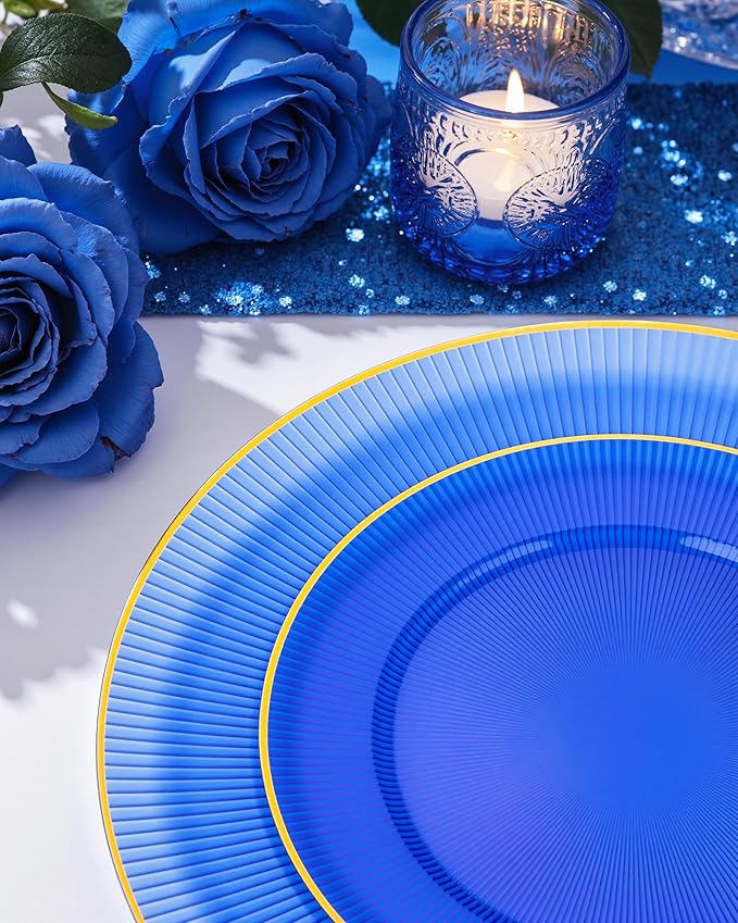 Hioasis 60pcs Blue Gold Plastic Plates - Gold Disposable Dinnerware Set, 30pcs Dinner 10.25in & 30pcs dessert 7.5in plates with striped designs for party & wedding