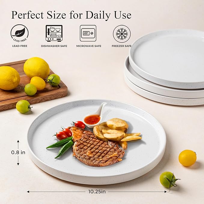 AmorArc Ceramic Dinner Plates Set of 6, 10.25 Inch Stoneware Plates for Kitchen,Modern Flat Dinnerware Dishes Set,Microwave& Dishwasher Safe, Scratch Resistant-White