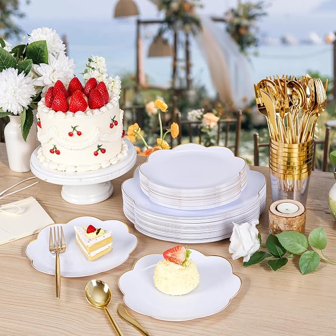 EI 180pcs White Plastic Plates with Gold Plastic Silverware,Heavy-Duty Disposable Plates for Party,White Dinnerware Set for 30 Guest Wedding,Birthday,Spring Afternoon Tea