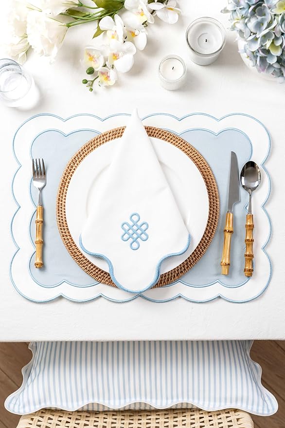 Hofdeco Premium Coastal Patio Indoor Outdoor Placemat Set of 4, 14"x19" Double-Layered, Waterproof Cloth Placemat for Kitchen or Dining Table. Baby Blue Embroidered Solid B