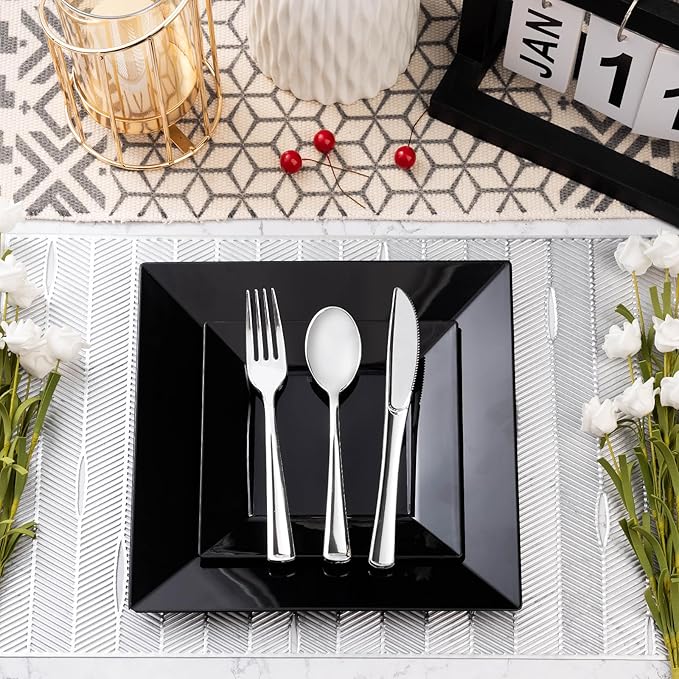 Goodluck 100 Black Pack Disposable Square Plastic Plates, Heavy Duty 50 Dinner Plates 9.5" and 50 Dessert Plates 6.5", Fancy Disposable Plates for Wedding, Holiday Party, Birthday, Halloween