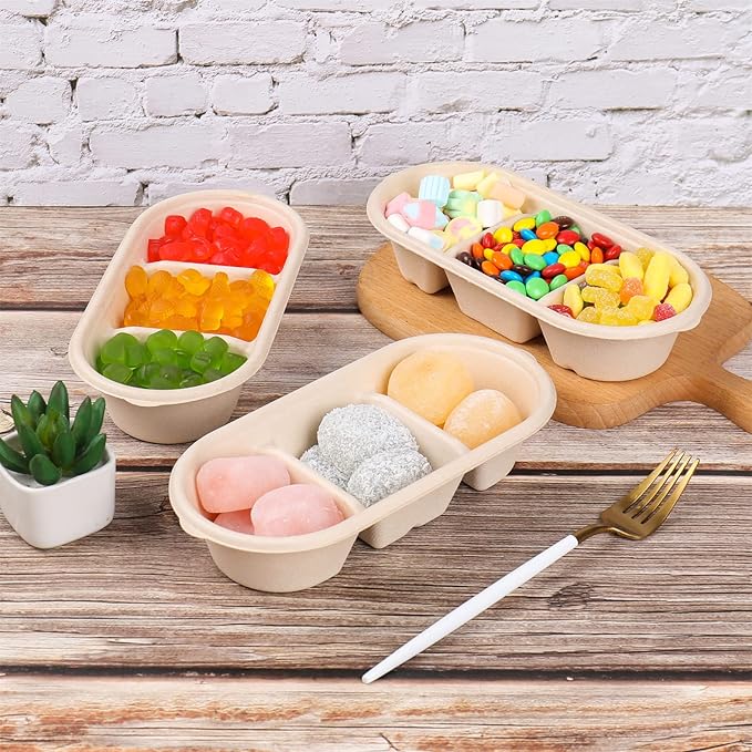 disposable paper bowls 18 oz 3 compartments with lids, Sugarcane Fiber For Snack, Dessert, Meal Prep 50 Pack