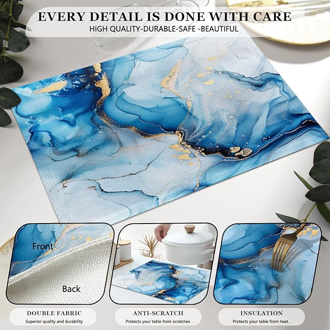 Mcalk Blue Marble Table Runner and Placemats Set of 6, Marble Print Placemats, Modern Cloth Place Mats Indoor for Kitchen,Washable Linen Material for Dining Table