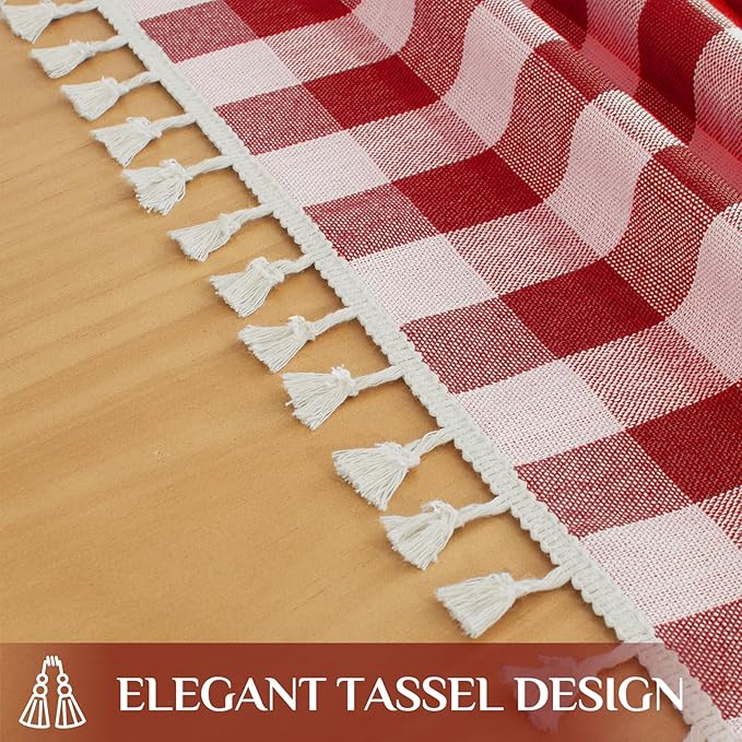 Softalker Checkered Tablecloth Rectangle, Outdoor Linen Cotton Gingham Table Cloth with Tassel, Heavy Duty Wrinkle Free Buffalo Plaid Table Cover for Kitchen Dining Home Party - 55 x 70 Inch, Red