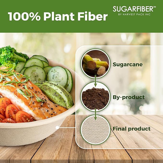 [50 COUNT]Harvest Pack PFAS FREE 32oz Round Paper Bowls, Compostable Heavy-Duty Eco-Friendly Disposable Bagasse Large Soup Bowls, sugarcane made for Meal Prep Takeout Dinnerware, Microwave Safe