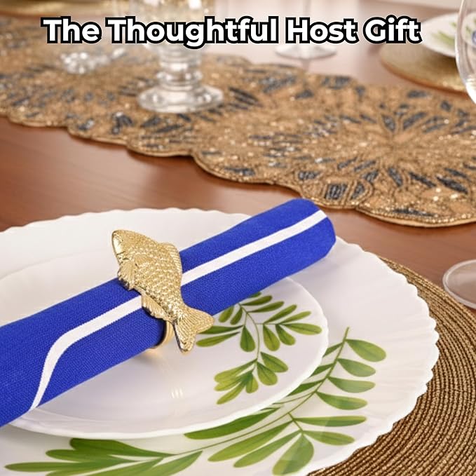 ALPHA Living HOME 12 Pcs Decorative Fish Metal Napkin Ring for Table Settings Napkins Ring for Dining, Anniversary, Birthday, Romantic Dinner, Holiday, Party of Table Setting, Wedding Table (Gold)