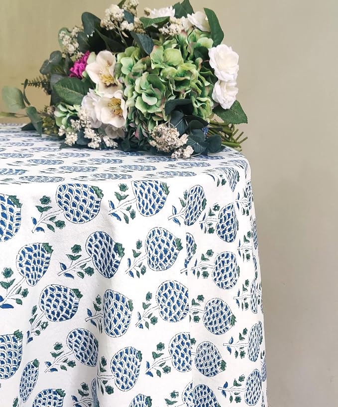 ATOSII Roma Blue 100% Cotton Boho Round Fall Tablecloth, Handblock Floral Print Table Cloth Linen for Kitchen Dining I Parties, Outdoors, Weddings, Christmas, Thanksgiving Decor 90" Inches Diameter