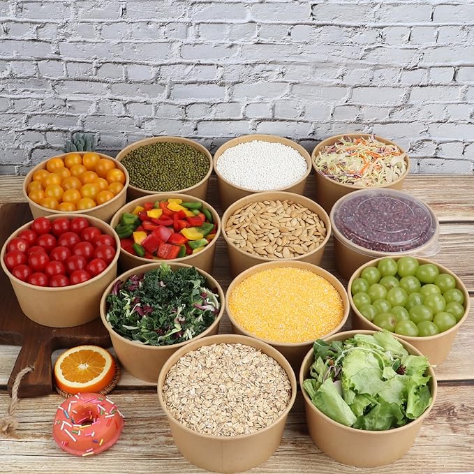 34 oz Disposable Kraft salad paper bowls with lids, Food containers Soup Bowls Party Supplies Treat Bowls 50 Pack