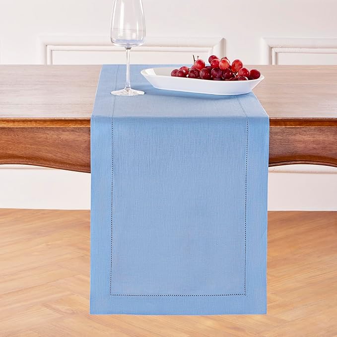 Solino Home Linen Cornflower Blue Hemstitch Table Runner 48 Inches - 100% Pure Linen Table Runner 14 x 48 Inch Ideal for Dresser and Coffee Tables - Classic Hemstitch - Spring, Easter