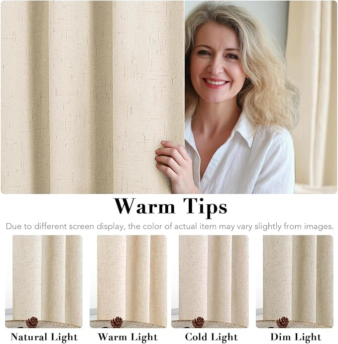 H.VERSAILTEX Linen Curtains 100% Blackout Curtains for Bedroom 102 inch Long Full Light Blocking Nature Linen Blended Window Curtains for Living Room Nickel Grommet (2 Panels, Bleached Sand)