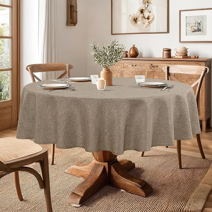 JIUZHEN Faux Linen Round Tablecloths 84 inch, Decorative Wrinkle Free Texture Rustic Circle Table Cloth Cover for Kitchen, Dining, Party, Wedding, Outdoor Use (84 Inch Round,Champagne)