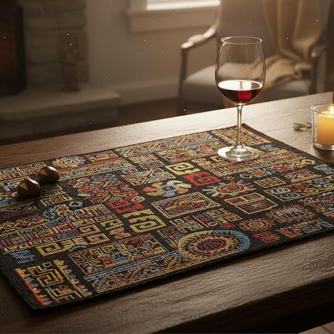DaDa Bedding Bohemian Ethnic Ornaments Tapestry Placemats - Set of 4-Pieces Greek Ethnic Calligraphy Geometric Colorful Dark Black Design - Decorative Cotton Woven Kitchen Dining Mats - 13” x 19”