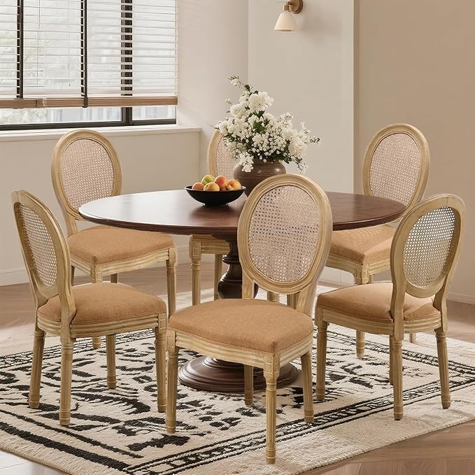 SoarFlash French Dining Chairs Set of 6, Vantage Dining Chair with Round Back, Wood Leg Farmhouse Country Rattan Dining Chair for Kitchen,Bedroom,Brown