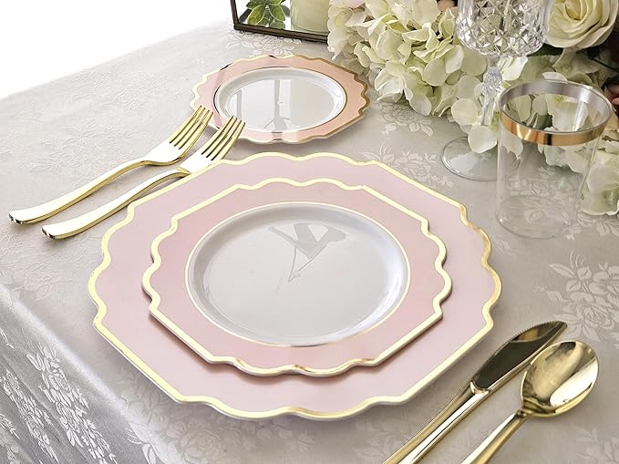 " OCCASIONS " 50 Plates Pack (25 Guests)-Heavyweight Wedding Party Disposable Plastic Plate Set -(25x10.5'' Dinner + 25x8'' Salad/Dessert) (Imperial in Blush Pink & Gold)