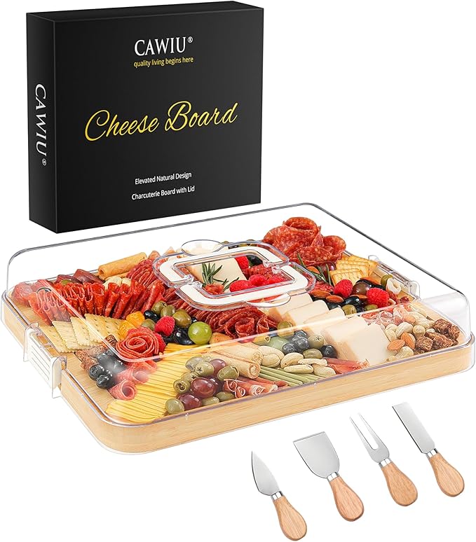 Portable Travel Charcuterie Board with Lid and Handle - Large Bamboo Cheese Board with 4 Cheese Knife Set for Outdoor, Picnics - Weddings, House Warming Gift for Women (1 Compartment, White)