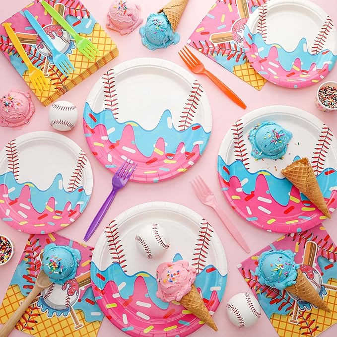 Yungyan 48 Sets Ice Cream Drip Baseball Birthday Party Decorations Ice Cream Drip Baseball Paper Plates and Napkins Forks Disposable Summer Sports Party Supplies Baby Shower Tableware Set for Women