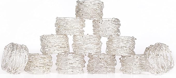 Silver Mesh Napkin Ring Set of 12 - Beautiful Elegant Decorative Napkin Holder for Christmas/Dinner Table Decoration/Farmhouse/Wedding/Party/Family Gathering/New Year & Everyday Use