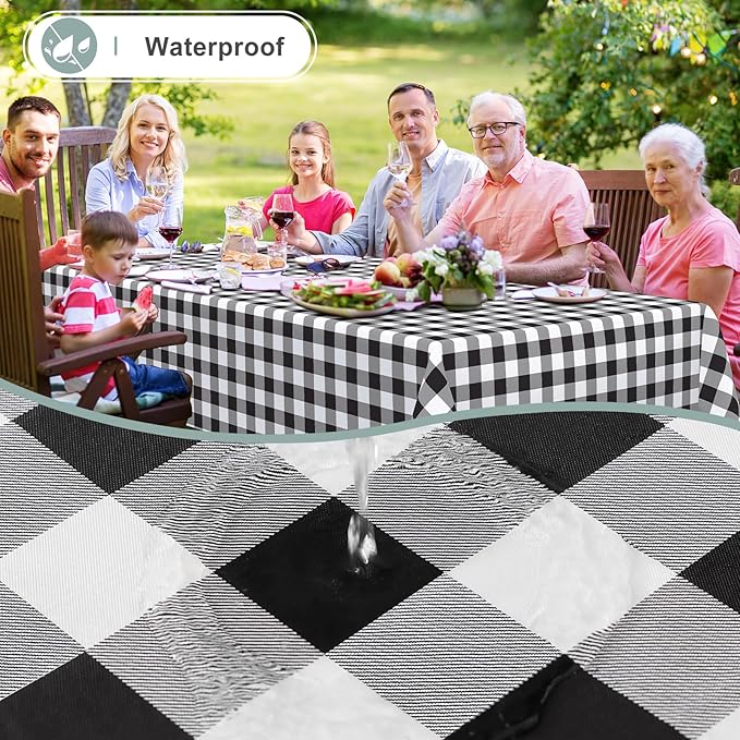 misaya Rectangle Waterproof Vinyl Table Cloth, Buffalo Flannel Backed Tablecloth, Wipeable Plastic Table Cover for Dinner, Kitchen, Outdoor (60" x 102", Black and White)