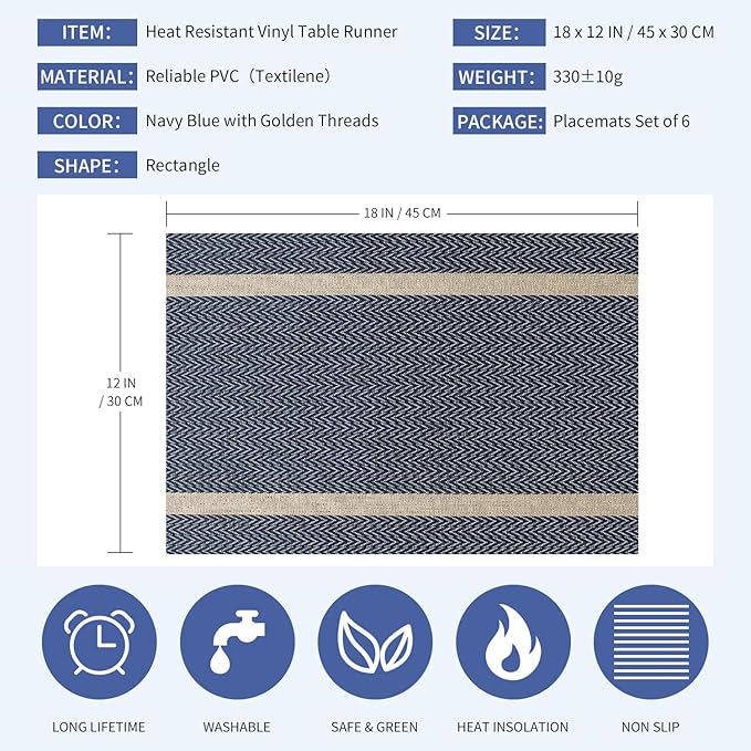 FAVE Placemats Set of 6 Blue Placemats Woven with Golden Thread Durable and Wipeable Vinyl Placemat Heat Resistant Table Mats Set of 6 High Texture Place Mats for Kitchen Table（Blue placemat）