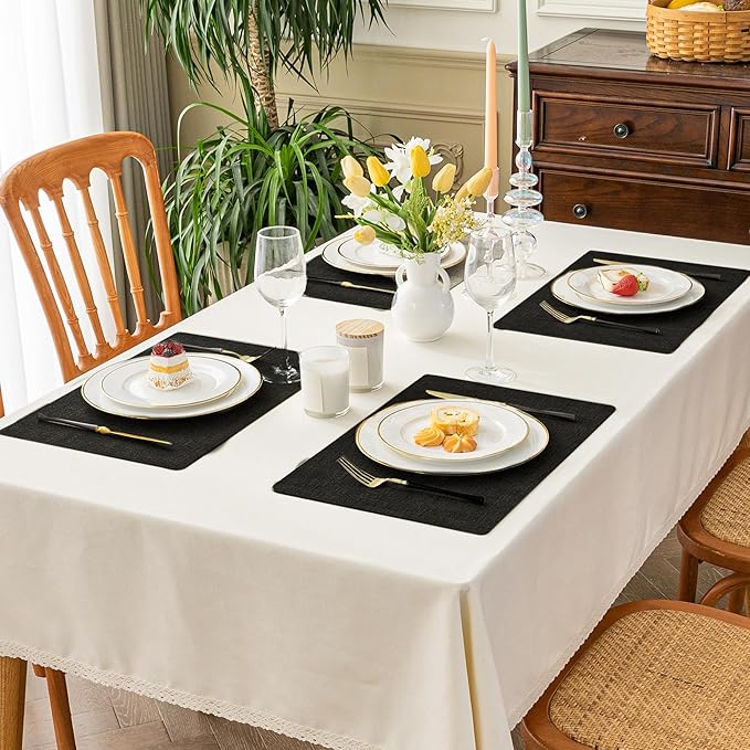 Romanstile Vinyl Placemats Set of 6-12 x 17 Inch - Heat Resistant Place Mats 100% Waterproof Oilproof Wipeable Reversible Faux Leather Table Mats for Kitchen/Dining/Party/Holiday, Black