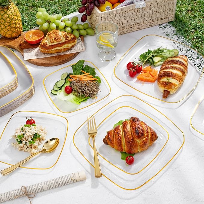bUCLA 50PCS Clear Plastic Plates with Gold Trim - Heavy Duty Clear Gold Square Plates Disposable - Include 25 Each (Dinner & Dessert) for Party & Wedding