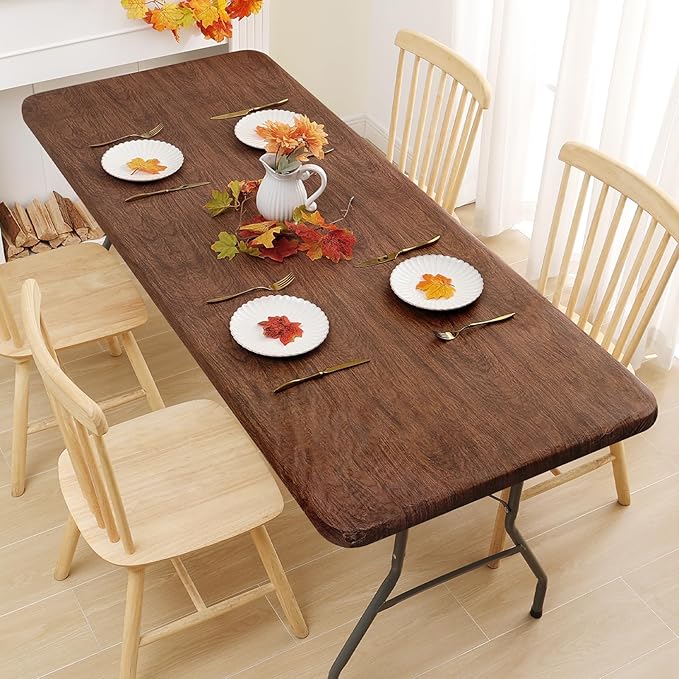 Smiry Rectangle Table Cloth Cover, Waterproof Elastic Fitted Picnic Tablecloth for 4 Foot Tables, Wipeable Flannel Backed Vinyl Tablecloths for Camping, Dining, Outdoor (Brown, 30" x 48")